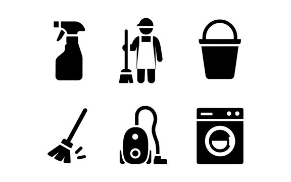 Essential cleaning icons: tools for home maintenance and hygiene