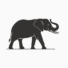 Fototapeta premium Silhouette of an elephant walking with its trunk raised on a white background. 8k