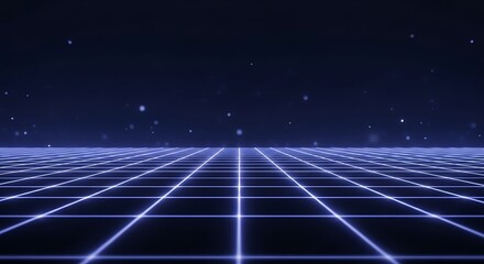 Futuristic grid landscape with luminous particles floating in the abyss