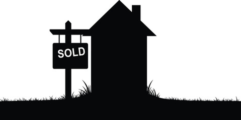 Silhouette house with sold sign on grass lawn, real estate investment concept, successful home sale illustration, property ownership, minimal black design