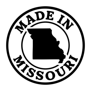 vector round stamp with bold black outline and missouri state silhouette inside circular frame text made in missouri minimal patriotic badge for packaging label print t shirt branding