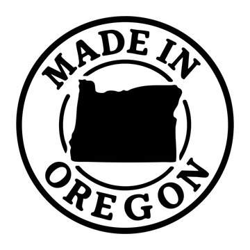 vector round stamp with bold black outline and oregon state silhouette inside circular frame text made in oregon minimal patriotic badge for packaging label print t shirt branding