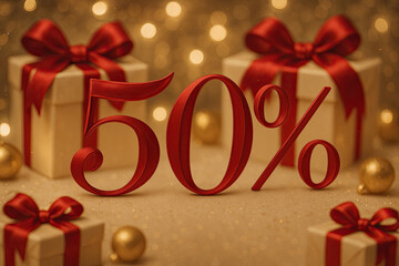 Holiday sale with festive decorations and gift boxes showcasing 50 percent off discount