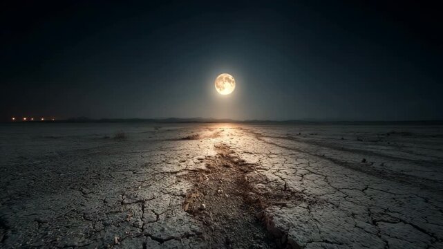 A desolate cracked desert landscape bathed in the eerie glow of a full moon, with distant mountains silhouetted against a dark night sky.