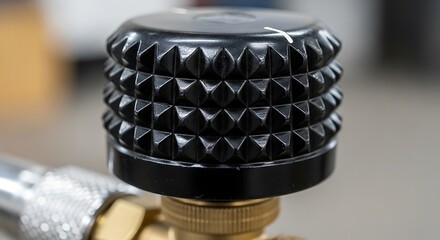 Detailed view of a control valve knob with textured surface design