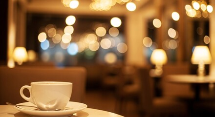 White coffee cup on saucer with spoon in dimly lit cafe white cup