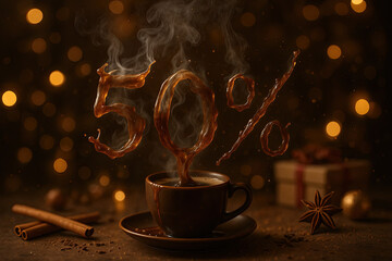 Warm coffee brew with swirling steam showing fifty percent in a cozy setting