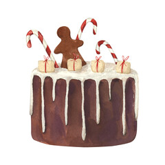 Watercolor chocolate cake with whipped cream frosting. Cozy winter food. Baking and dessert. Seasonal hand drawn illustration.