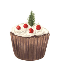 Watercolor chocolate muffin with whipped cream and berries. Cozy winter food. Baking and dessert. Seasonal hand drawn illustration.