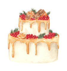 Watercolor orange cake with whipped cream frosting and berries. Cozy winter food. Baking and dessert. Seasonal hand drawn illustration.