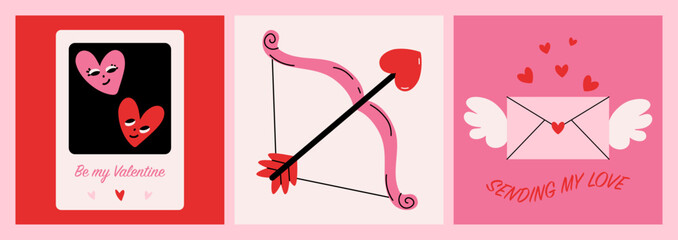 Valentine day greeting cards. Romantic flyers with heart love symbols for 14 february holiday, creative posters for wedding anniversary celebration. Vector set