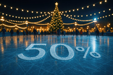 Ice skating at a festive park with a decorated tree and twinkling lights, 50 percent in front
