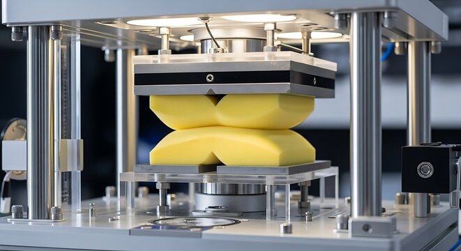 Yellow sponges being compressed by mechanism