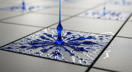 Blue liquid dripping on patterned square surface