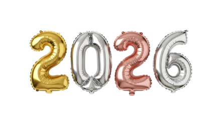 2026 foil balloon numbers isolated on transparent background