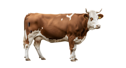 A brown and white spotted cow with horns standing still.