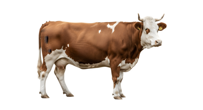 A brown and white spotted cow with horns standing still.