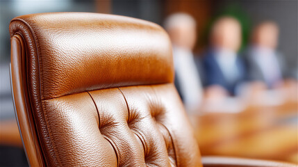 Close-up of elegant brown leather office chair in modern workspace setting, highlighting comfort, luxury, professional environment and contemporary corporate interior design aesthetics.
