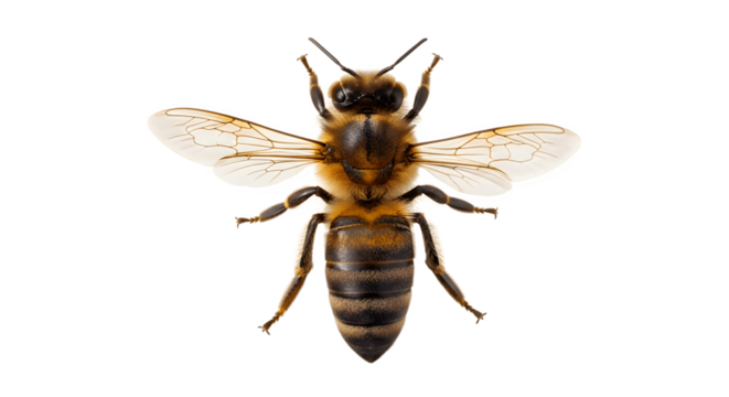 A detailed topdown view of a honey bee with its wings spread wide.