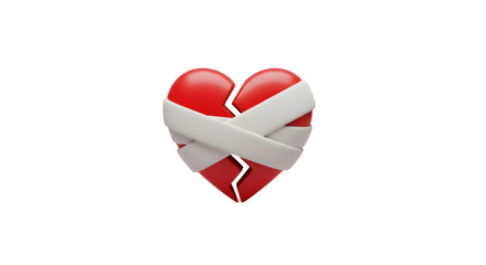 A red broken heart symbol being mended with white bandages.