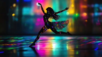 Holographic dancer performing under vibrant city lights at night