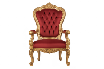 Ornate red velvet throne chair isolated on a transparent background