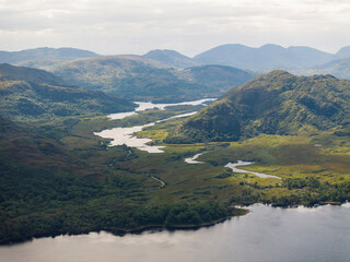 Killarney National Park, Aerial Drone Shot of Muckross Lake and surroundings. County Kerry, West Ireland at Summer