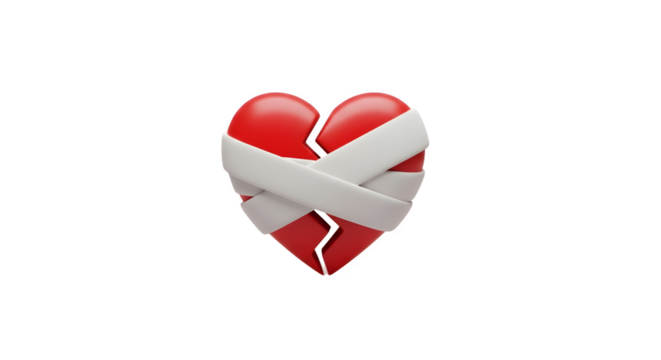 A red broken heart symbol being mended with white bandages.
