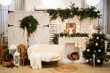 Cozy Christmas Living Room With Fireplace, Tree and Rustic Festive Decor