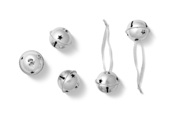 Round silver jingle bells with star cutouts isolated on a transparent background, PNG. Festive Christmas decorations, some with hanging strings, perfect for holiday and seasonal design projects.