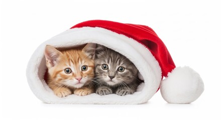 Two kittens cuddling inside red Santa hat for Christmas  