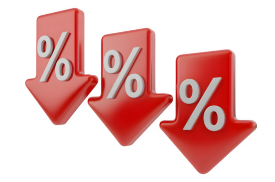 Falling percentage arrows red symbol of decrease and low rates