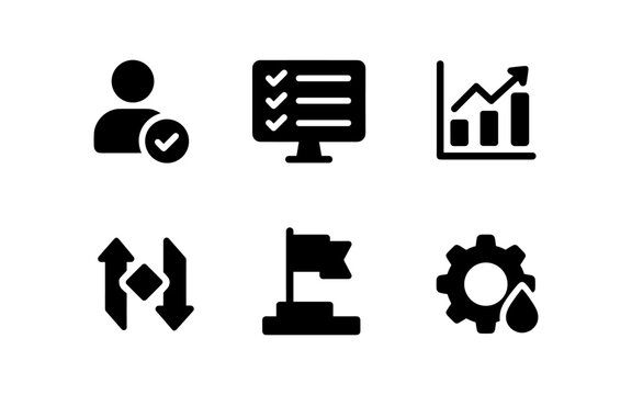 Collection of business icons: analytics, tasks, process, goal, automation, and verification symbols