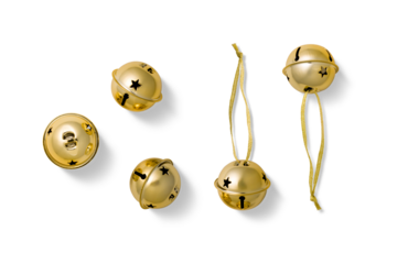 Round golden jingle bells with star cutouts isolated on a transparent background, PNG. Festive Christmas decorations, some with hanging strings, perfect for holiday and seasonal design projects.