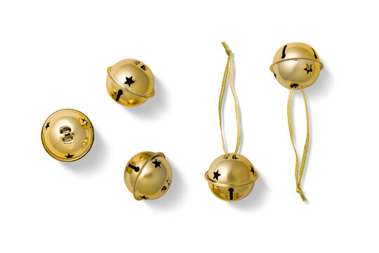Round golden jingle bells with star cutouts isolated on a transparent background, PNG. Festive Christmas decorations, some with hanging strings, perfect for holiday and seasonal design projects.