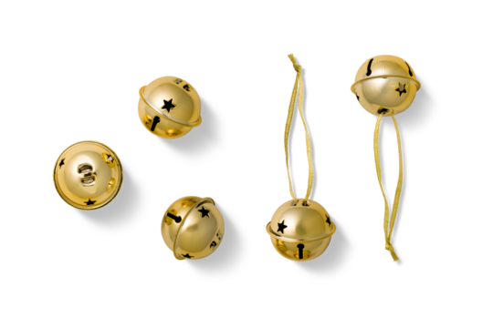 Round golden jingle bells with star cutouts isolated on a transparent background, PNG. Festive Christmas decorations, some with hanging strings, perfect for holiday and seasonal design projects.