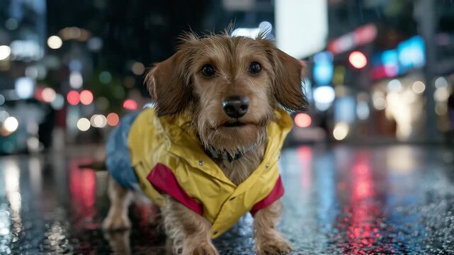 Nighttime scene of a Dachshund strutting confidently in a raincoat, wet asphalt mirrors colorful urban lights, soft rain streaks visible, cinematic reflections and cozy ambiance