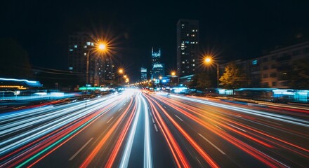 Obraz premium City traffic streaks at night show motion blur from fast moving cars on road.