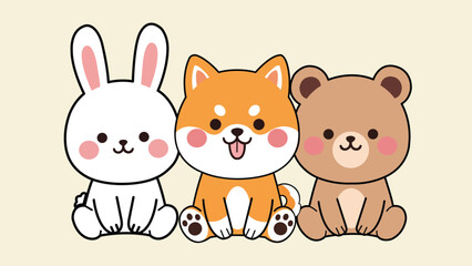 Fototapeta premium Cute cartoon animals sitting together, featuring a white rabbit, an orange Shiba Inu dog, and a brown bear with rosy cheeks.