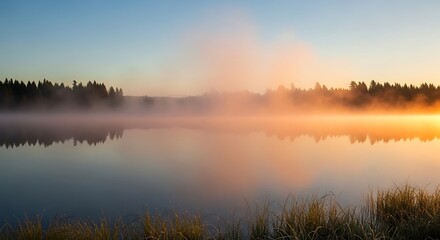 Fototapeta premium Ethereal morning glow over a tranquil lake landscape, silent calm