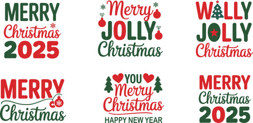 A vibrant collection of merry christmas and happy new year 2025 typography designs featuring festive ornaments and script font