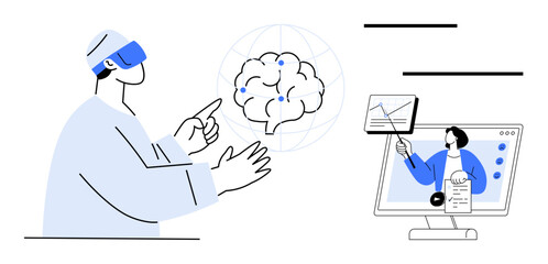 Artificial intelligence concept. Artificial intelligence through a virtual interaction, combined with online education tools and virtual reality. Artificial intelligence for tech, education