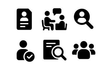 Minimalist business icons: interview, profile, search, and team concepts in black silhouette style