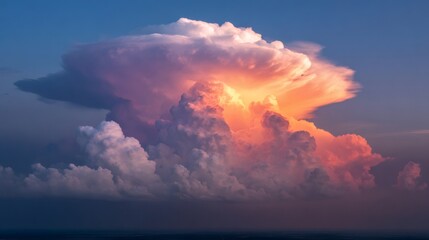 Towering cumulonimbus cloud illuminated by vibrant sunset colors creating a dramatic sky at twilight