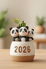 AI-generated three panda figurines on ceramic pot with 2026 numbers