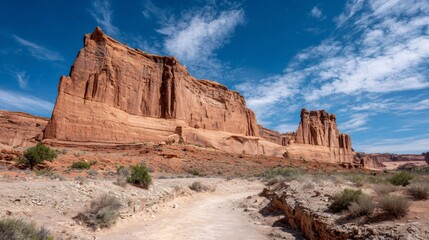 Fototapeta premium Towering red sandstone cliffs and unique rock formations lining the Park Avenue trail in Arches National Park, Utah desert