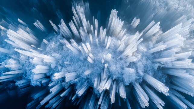 Ice spikes forming an abstract pattern of frozen crystals, showing cold temperatures and winter texture