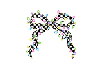 Checkered Bow with Colorful Christmas Lights Illustration Sublimation Design