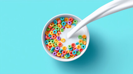 Colorful breakfast cereal rings with milk splash in white bowl on blue background, vibrant composition for packaging, ads, or breakfast-themed designs