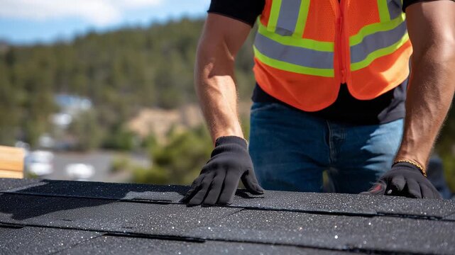 Roofer wearing protective gloves inspecting a newly installed row of asphalt shingles, tactile detail on the surface, sunlight reflecting off small metal nails and vest stripes